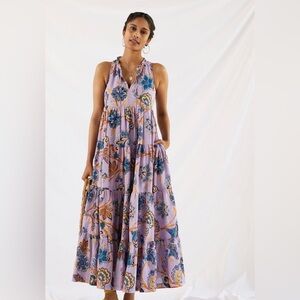 ANTHROPOLOGIE TIERED ABSTRACT MAXI DRESS SLEEVELESS FLORAL LILAC SIZE SMALL